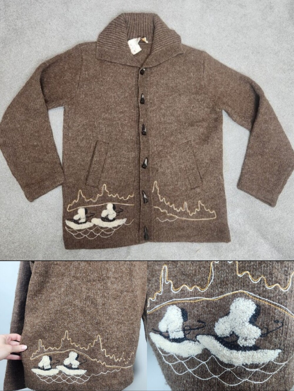 VTG Banff Wool Cardigan Cowichan Sweater Embroidery Sz L 70s 80s Retro Vintage